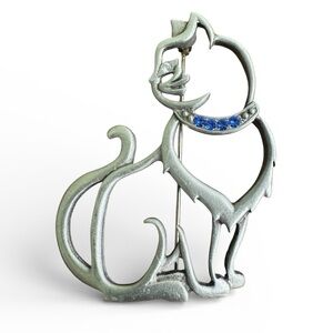 JJ Jonette Jewelry Cat Silhouette Brooch with Blue Rhinestone Collar Pewter 80’s